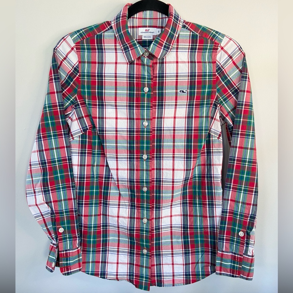 Vineyard Vines Women’s Tartan Plaid Button Up Shirt Whale Logo Size 0